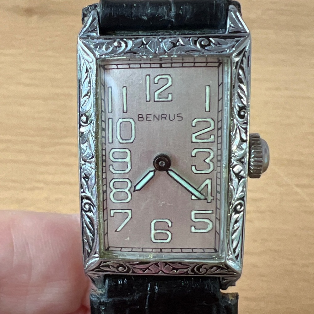 VINTAGE BENRUS ORNATE MECHANICAL TANK WATCH VASELINE GREEN FLUORESCENT UNISEX